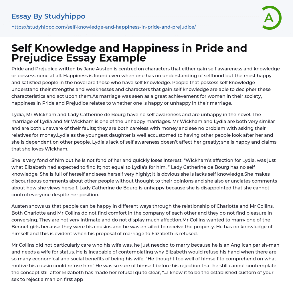 Self Knowledge and Happiness in Pride and Prejudice Essay Example