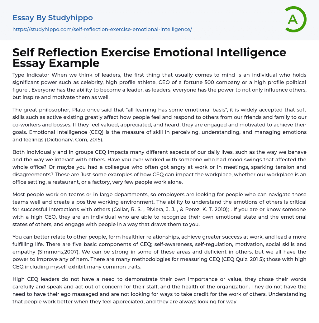 Self Reflection Exercise Emotional Intelligence Essay Example