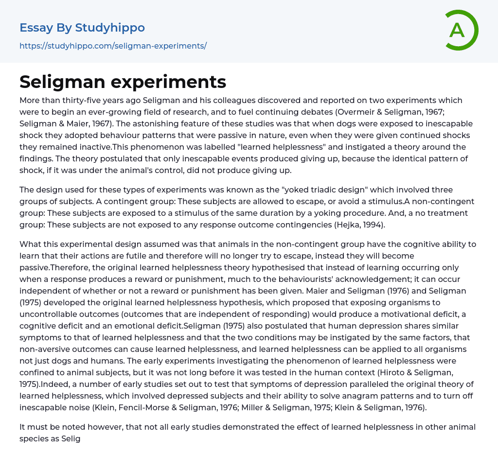 Seligman experiments Essay Example