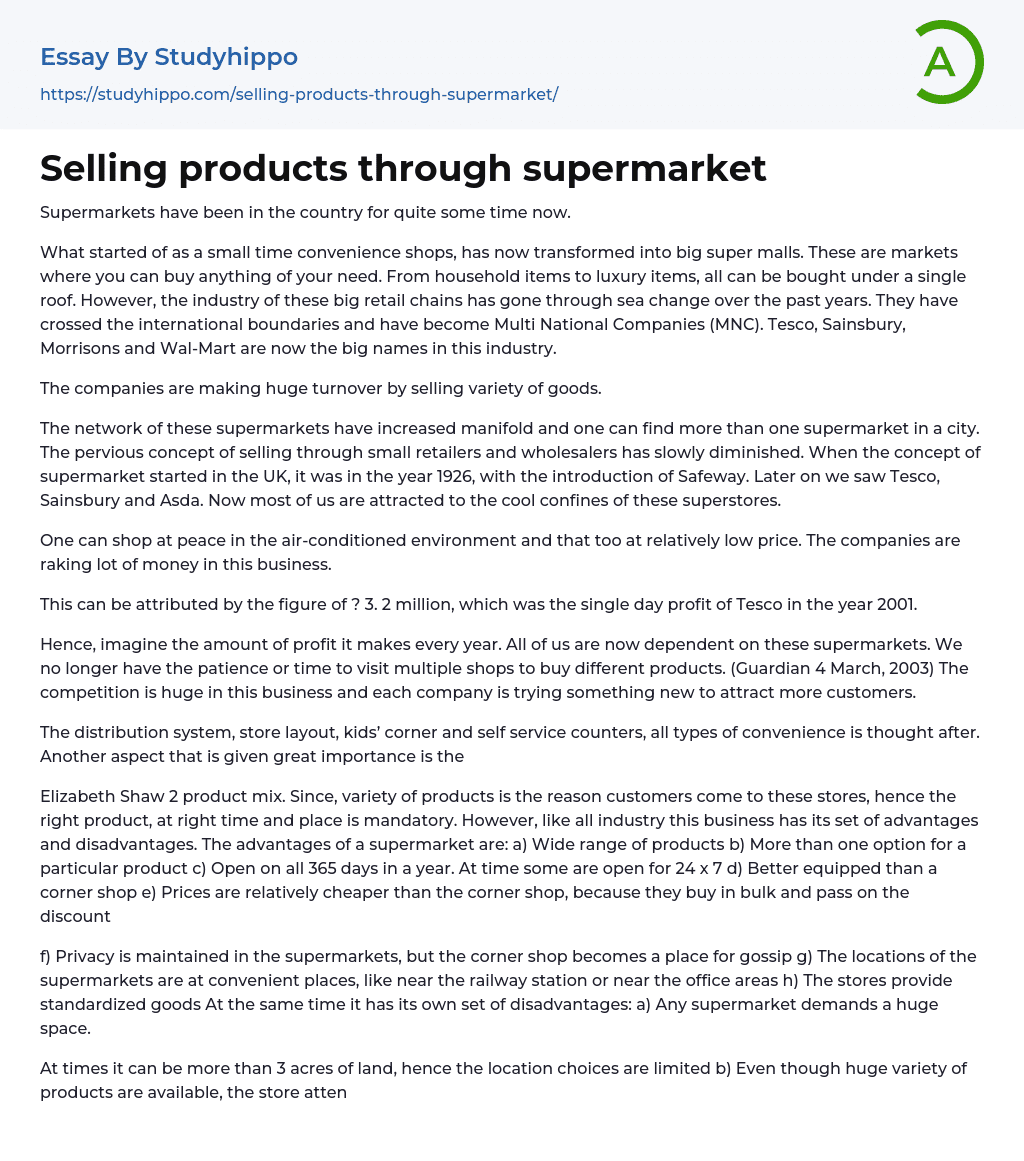 Selling products through supermarket Essay Example