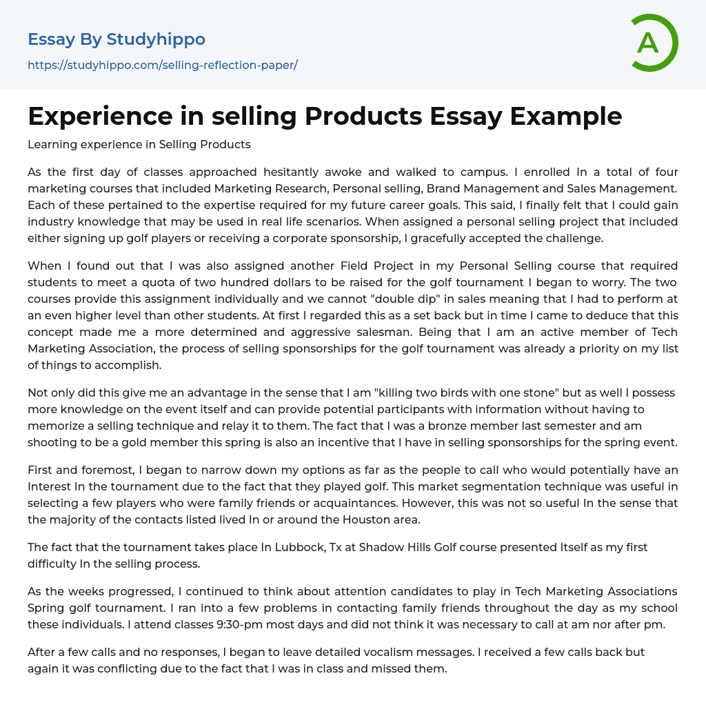 Experience in selling Products Essay Example