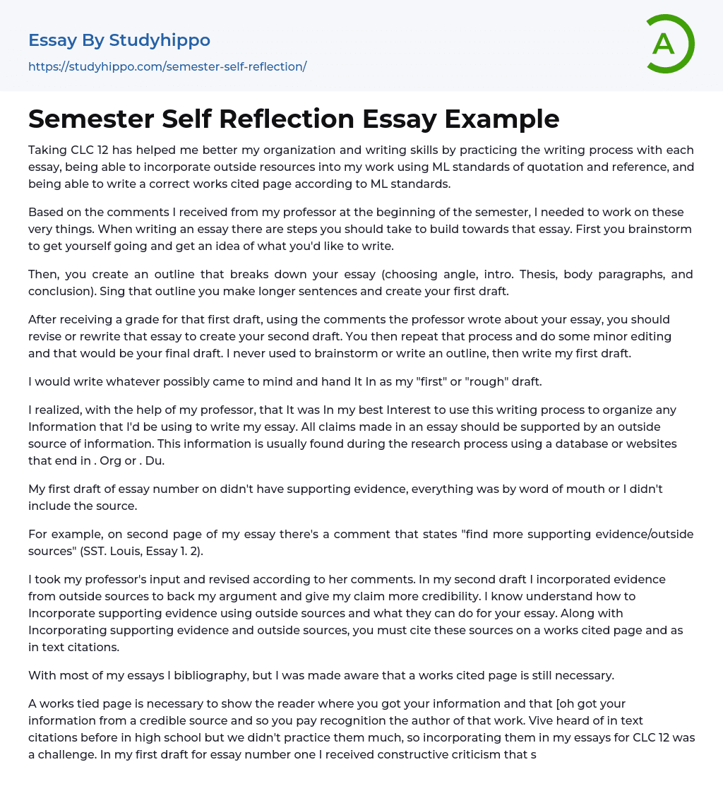 Semester Self Reflection Essay Example