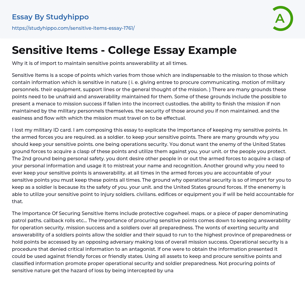 Sensitive Items – College Essay Example