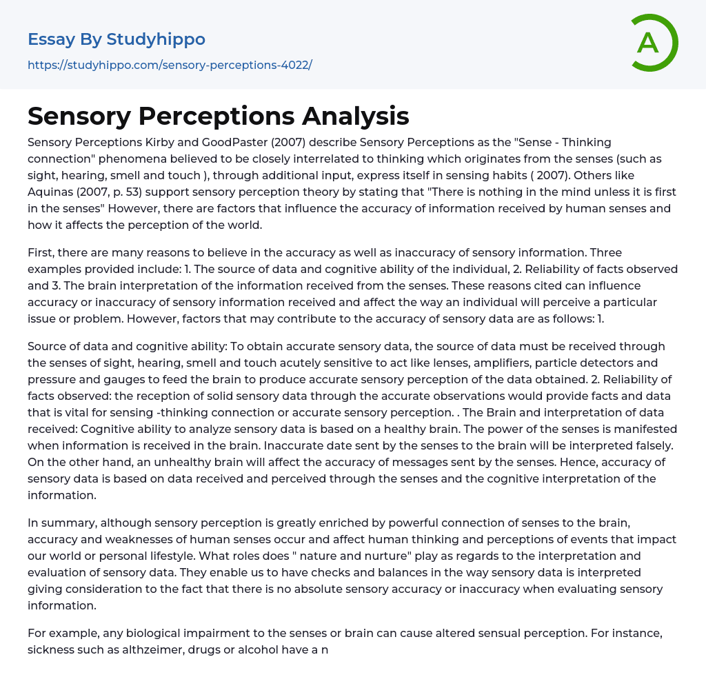 Sensory Perceptions Analysis Essay Example