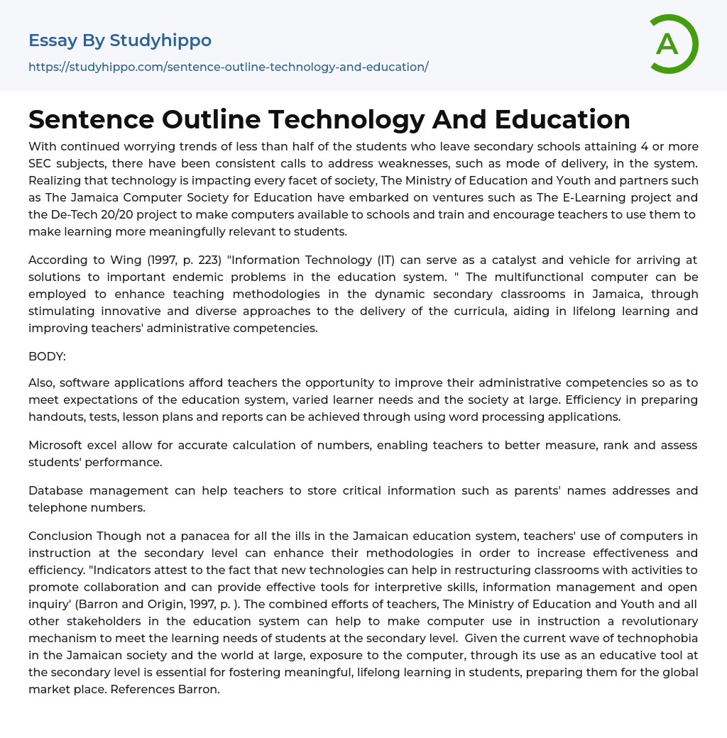 Sentence Outline Technology And Education Essay Example