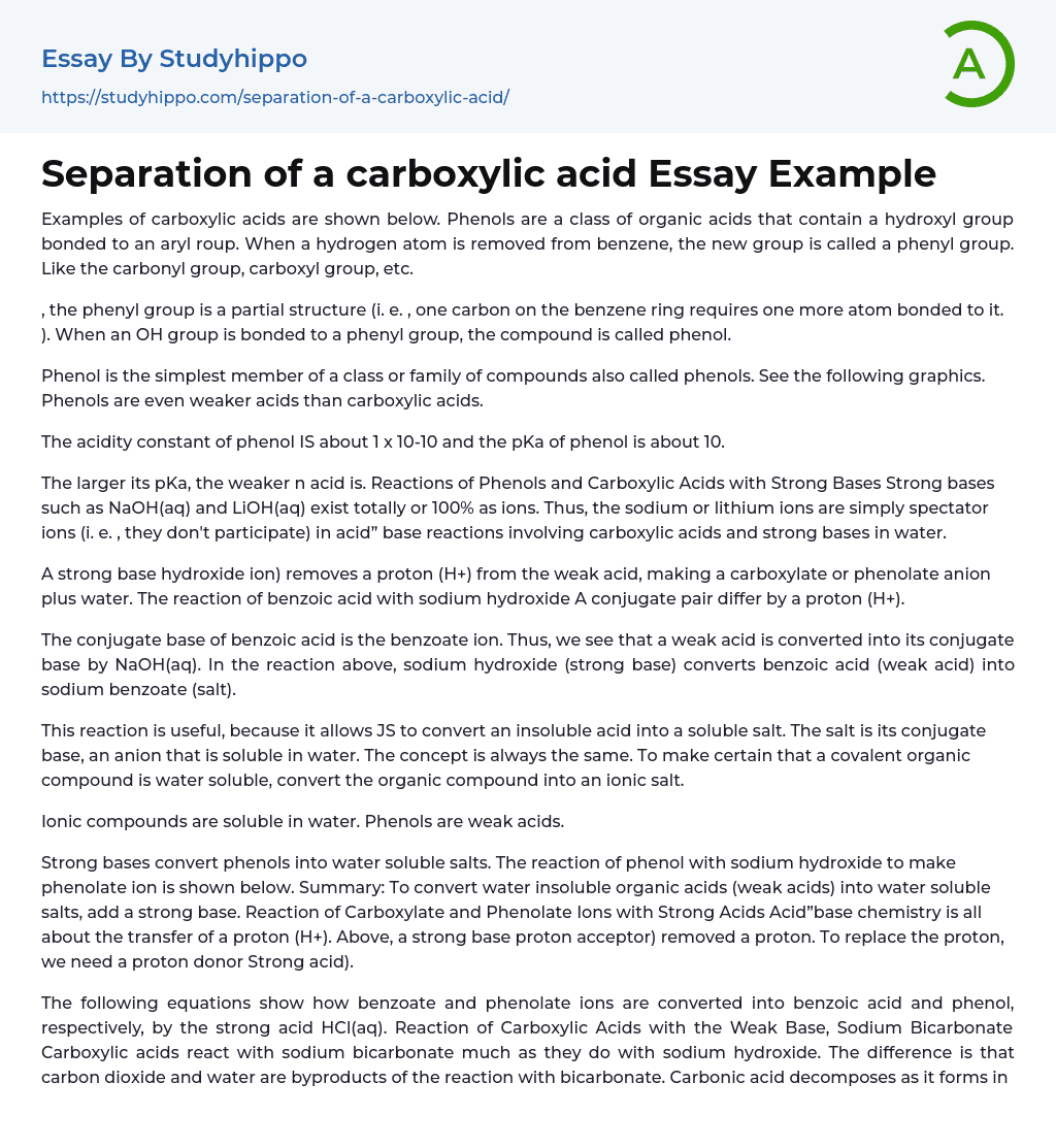 Separation of a carboxylic acid Essay Example