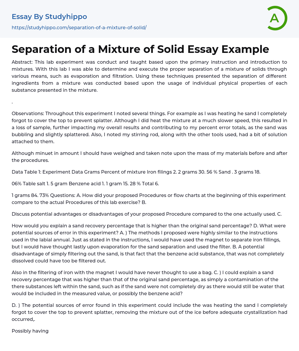 Separation of a Mixture of Solid Essay Example