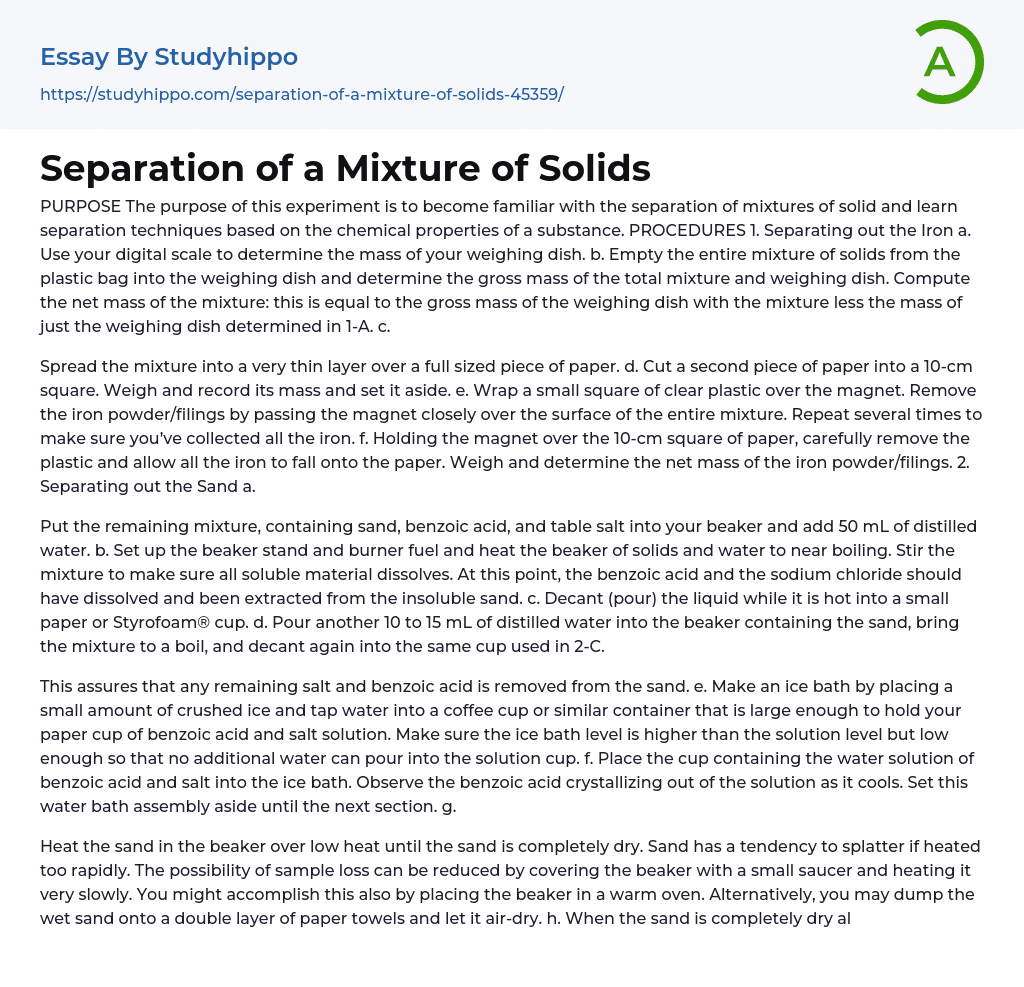 Separation of a Mixture of Solids Essay Example