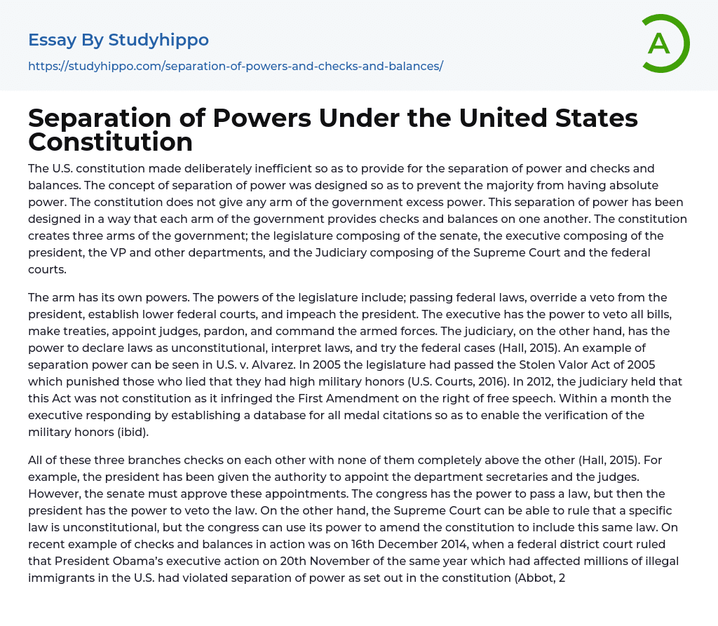 Separation of Powers Under the United States Constitution Essay Example