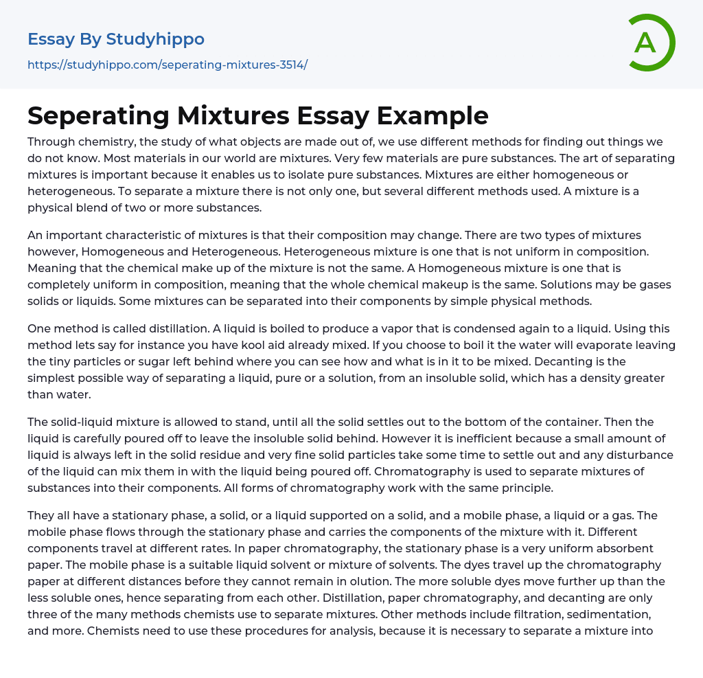 Seperating Mixtures Essay Example
