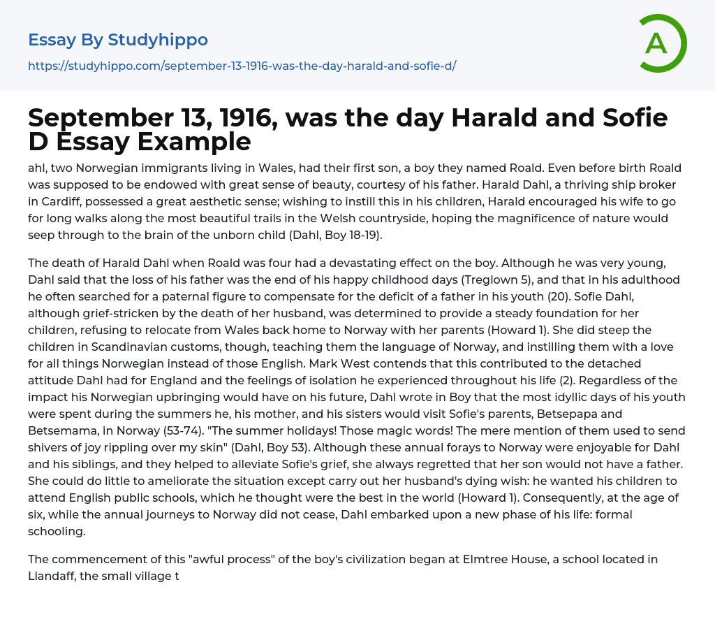 September 13, 1916, was the day Harald and Sofie D Essay Example