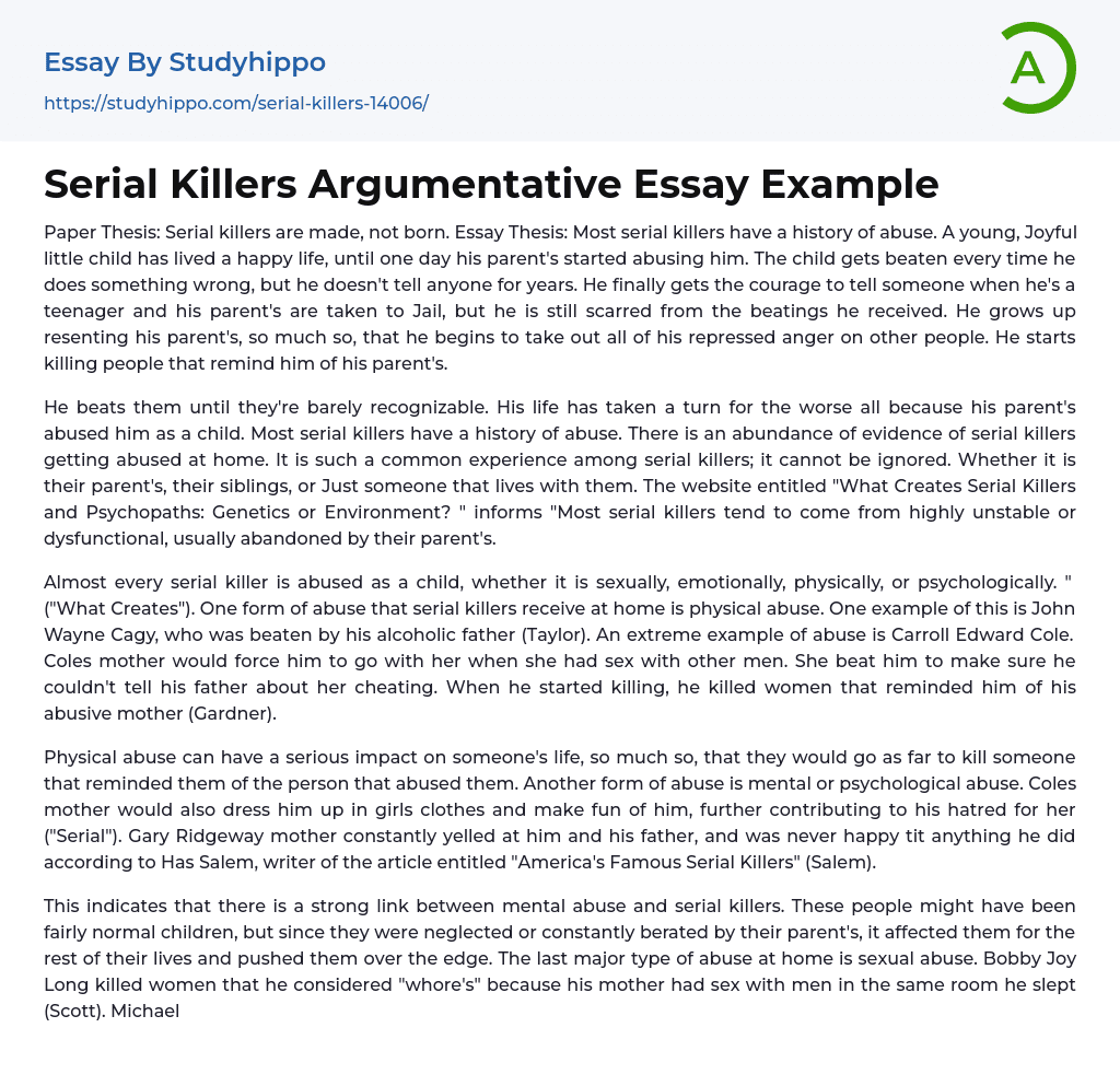 Serial Killers Argumentative Essay Example