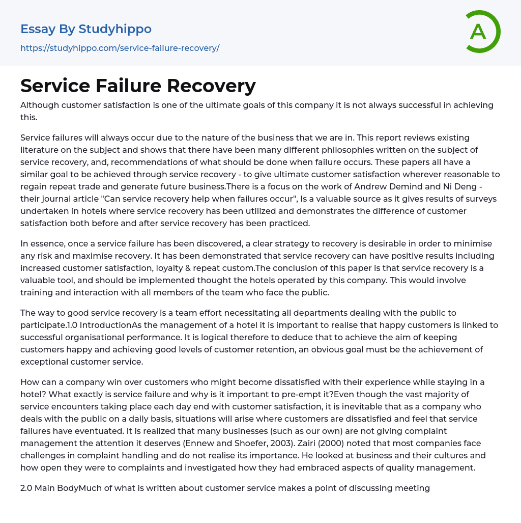 Service Failure Recovery Essay Example