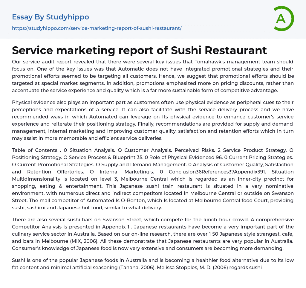 Service marketing report of Sushi Restaurant Essay Example