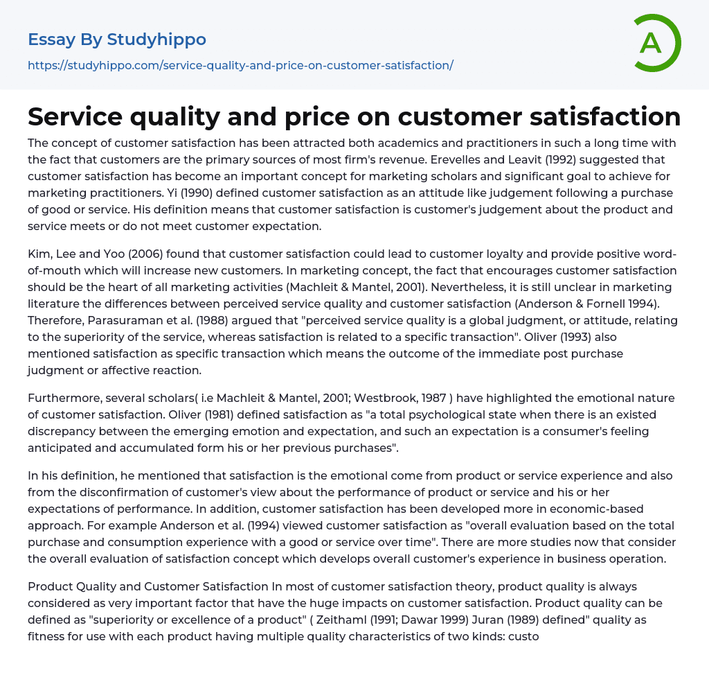 Service quality and price on customer satisfaction Essay Example