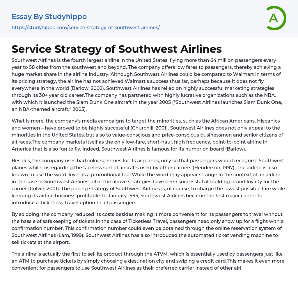 Service Strategy of Southwest Airlines Essay Example