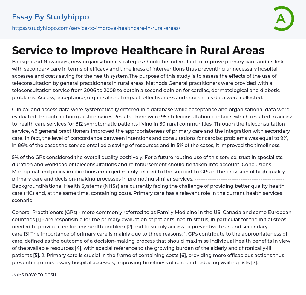 Service to Improve Healthcare in Rural Areas Essay Example