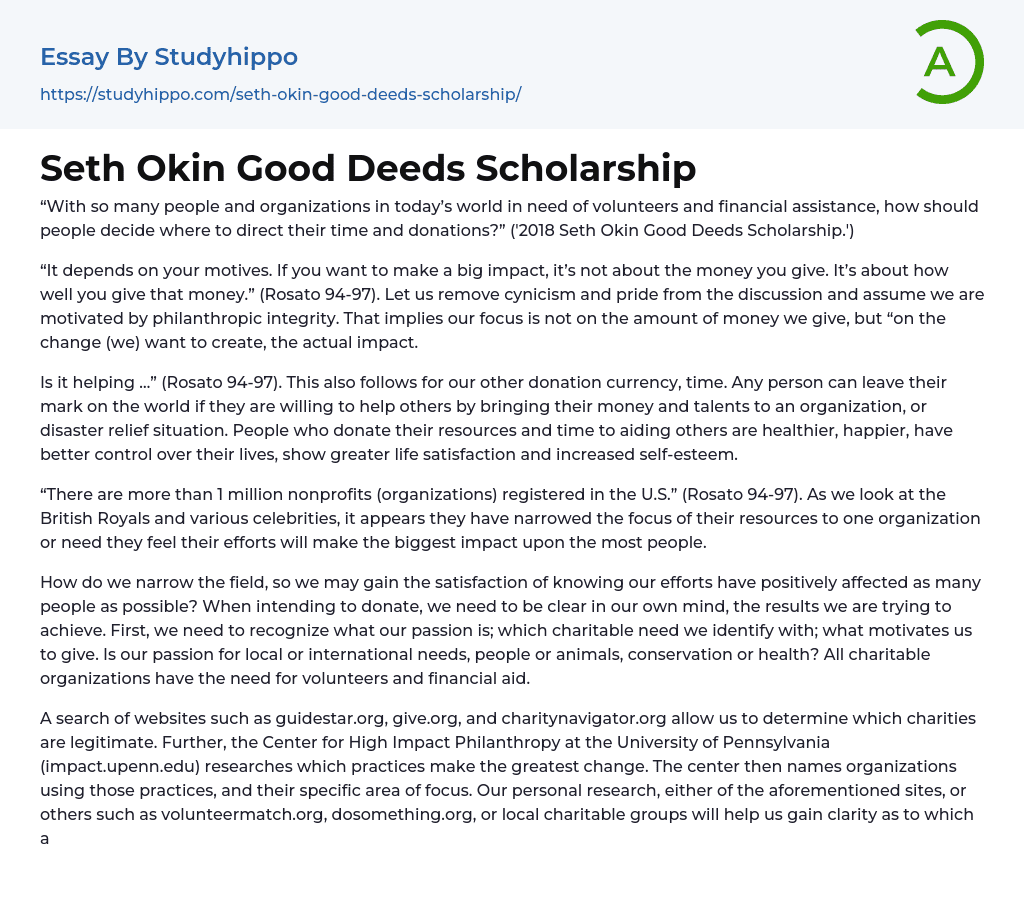 Seth Okin Good Deeds Scholarship Essay Example