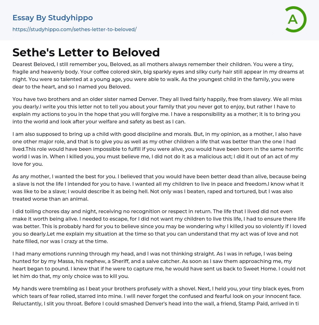 Sethe’s Letter to Beloved Essay Example