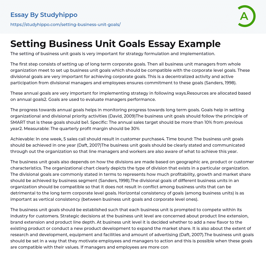 Setting Business Unit Goals Essay Example