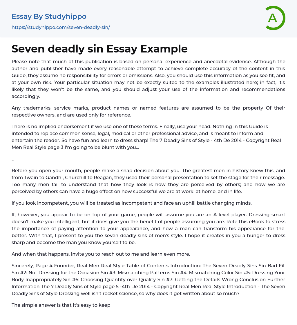 Seven deadly sin Essay Example