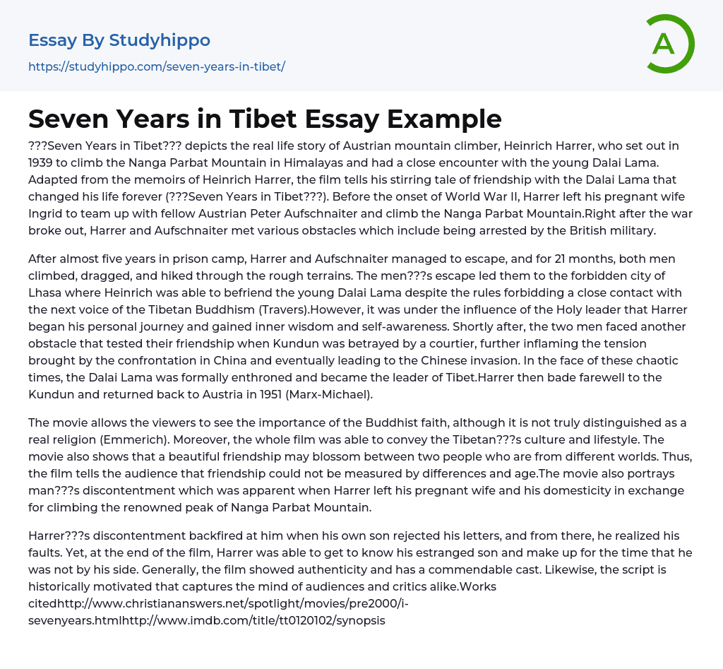 Seven Years in Tibet Essay Example