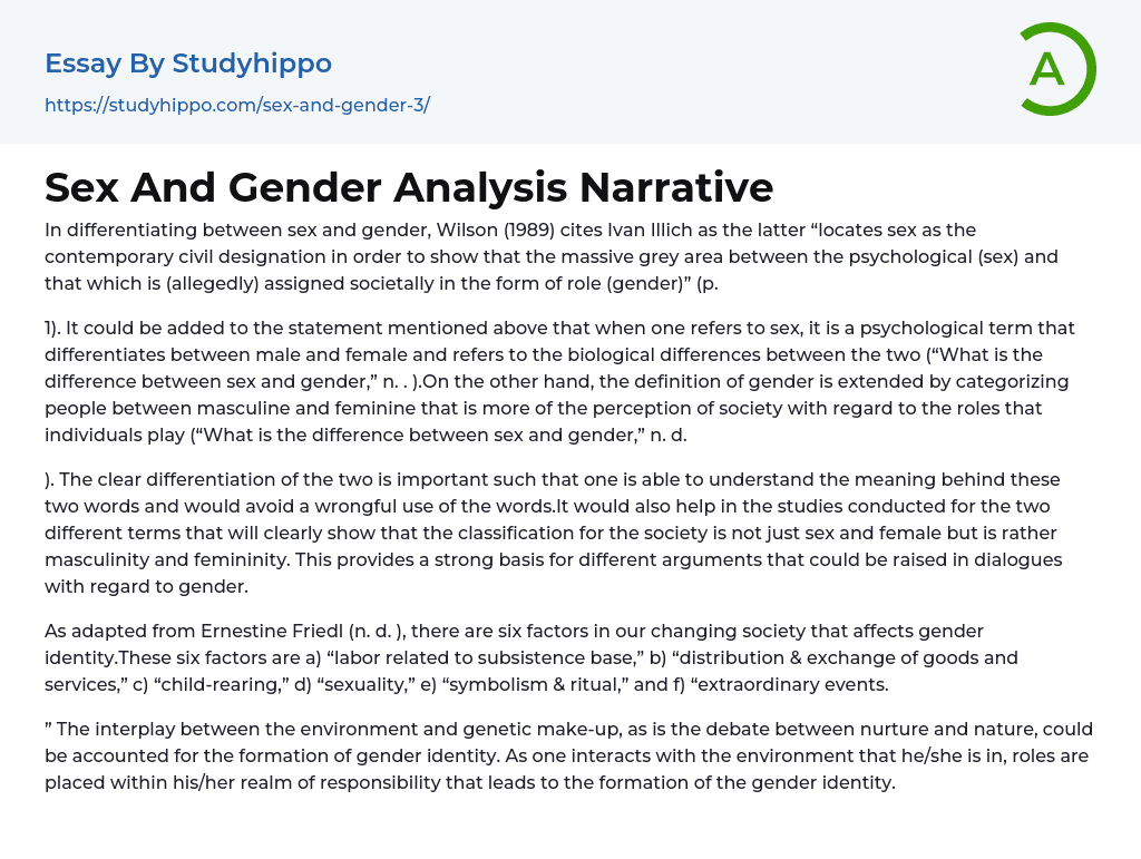 Sex And Gender Analysis Narrative Essay Example