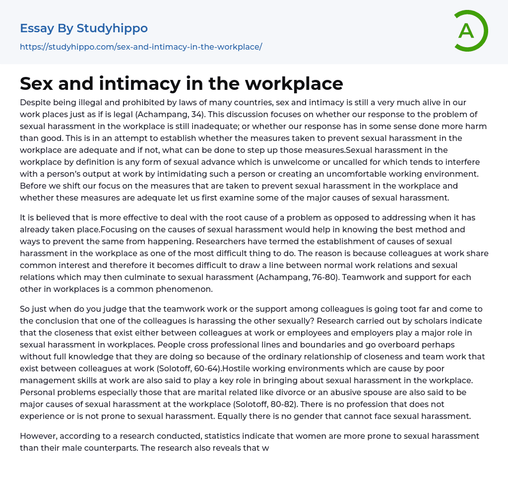 Sex and intimacy in the workplace Essay Example