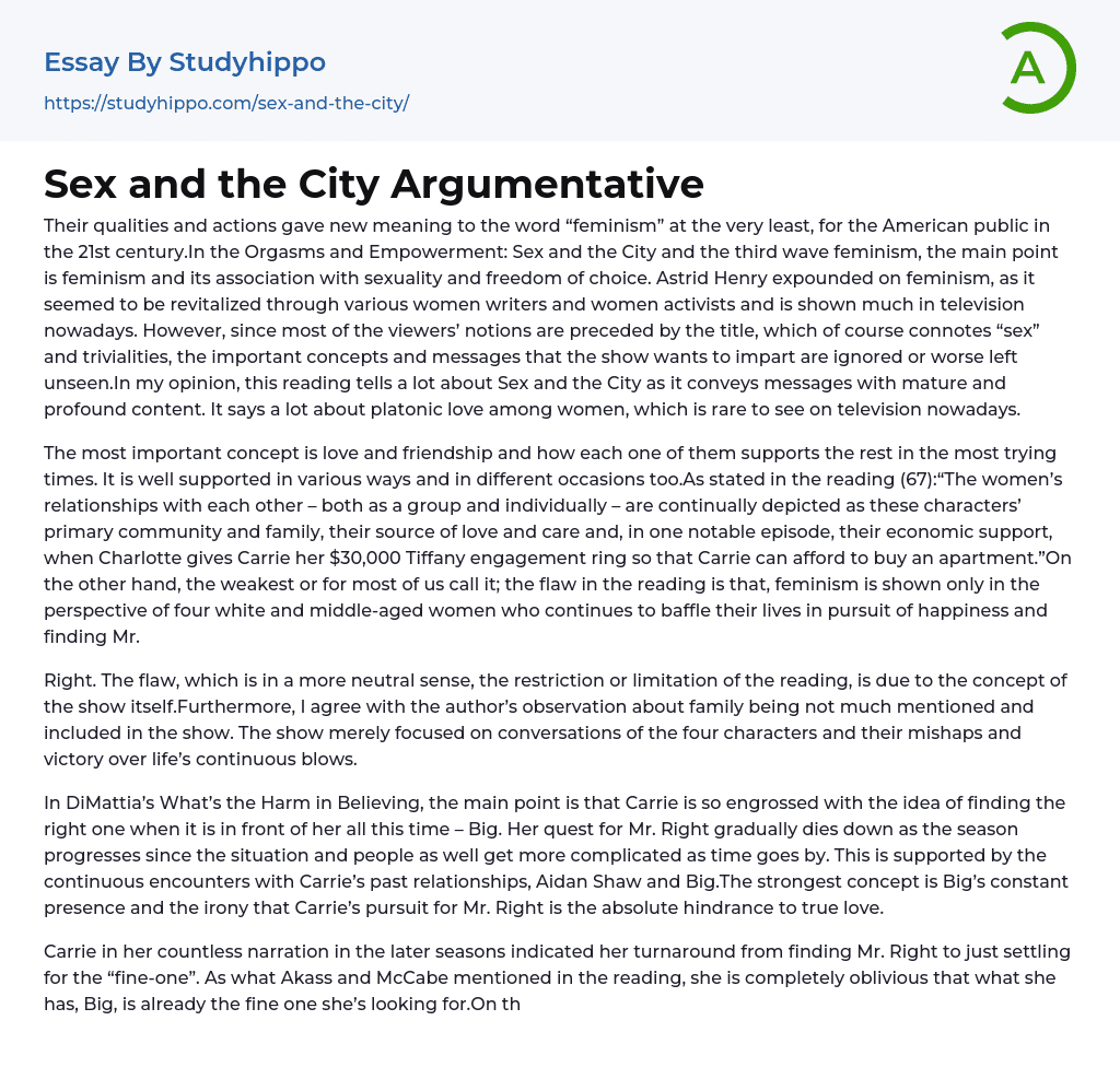 Sex and the City Argumentative Essay Example