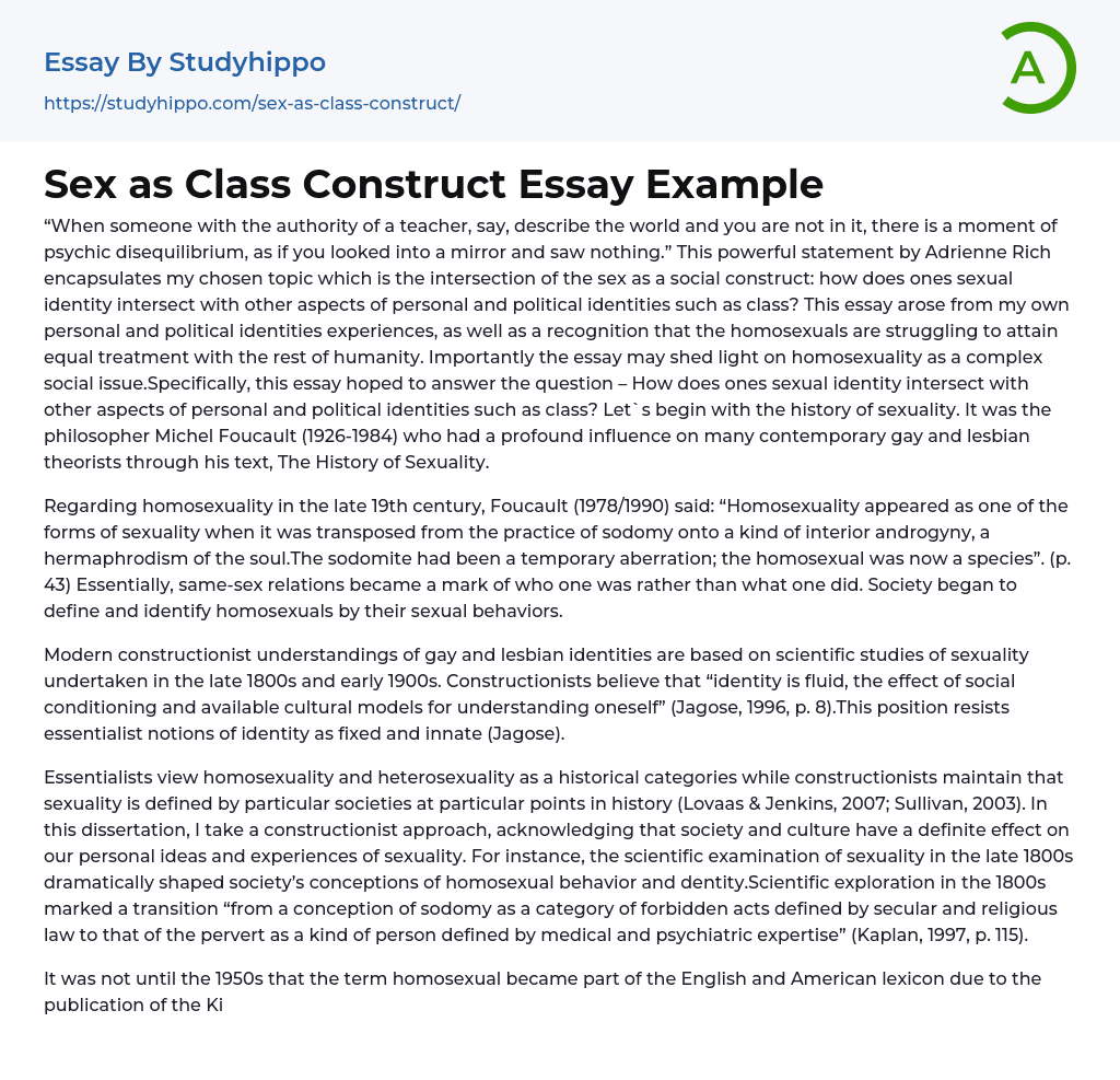 Sex as Class Construct Essay Example