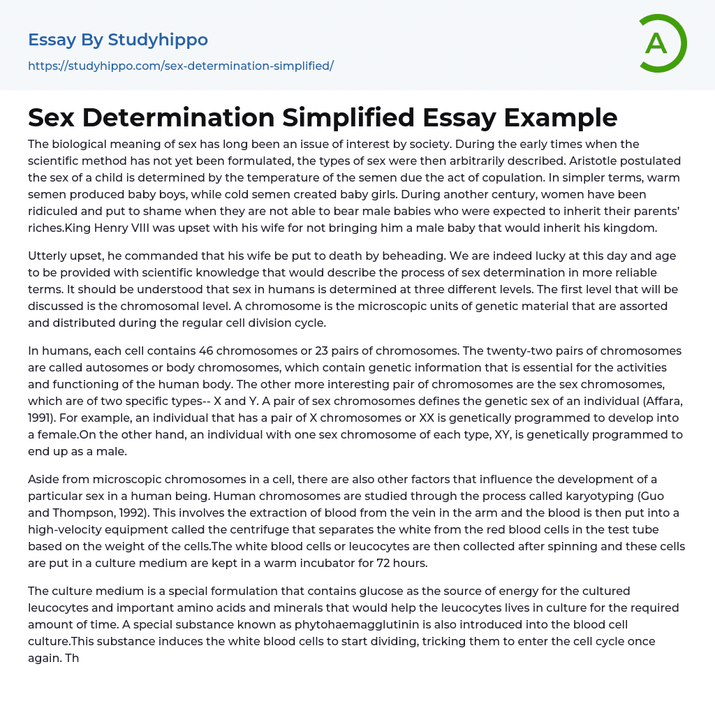 Sex Determination Simplified Essay Example