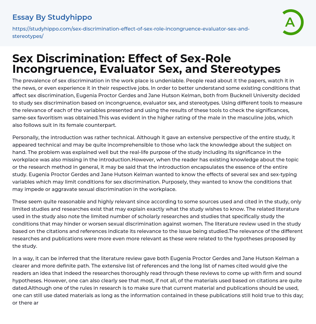 Sex Discrimination: Effect of Sex-Role Incongruence, Evaluator Sex, and Stereotypes Essay Example