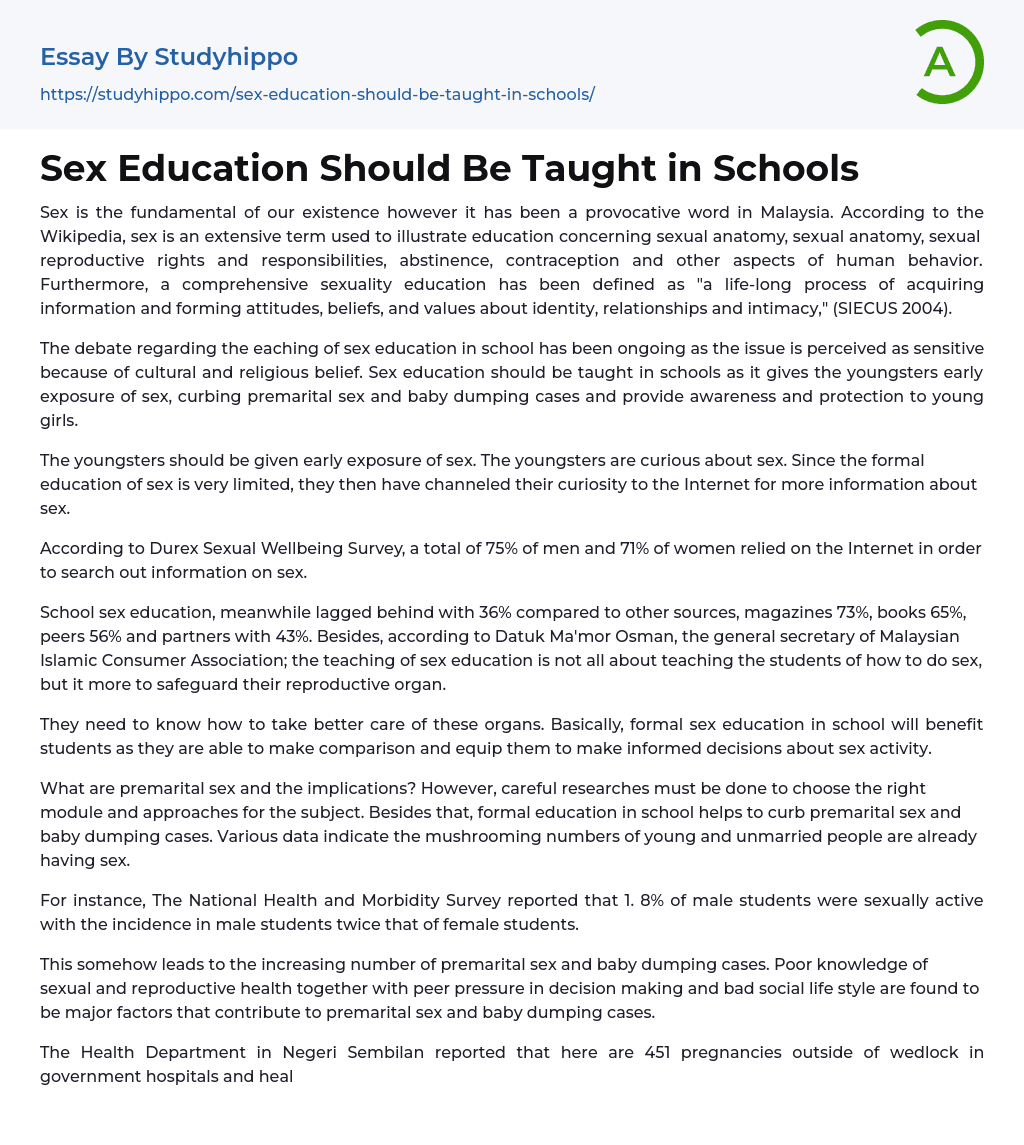 sex education should be taught in schools argumentative essay