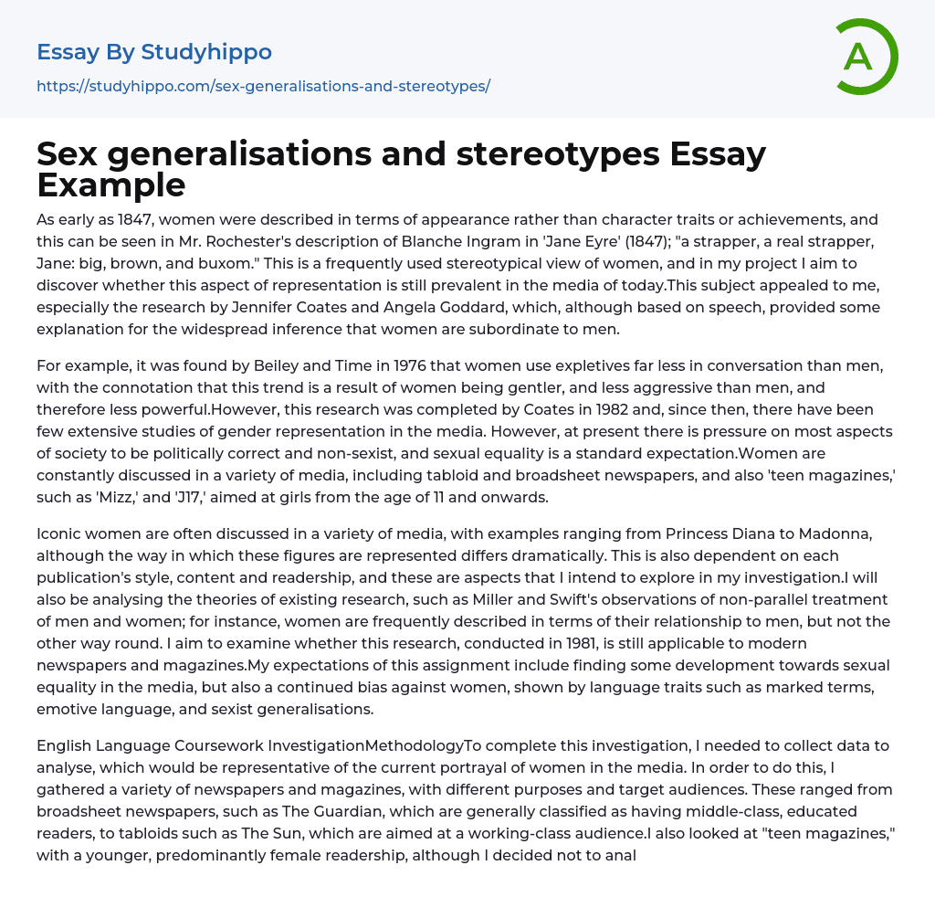 Sex generalisations and stereotypes Essay Example