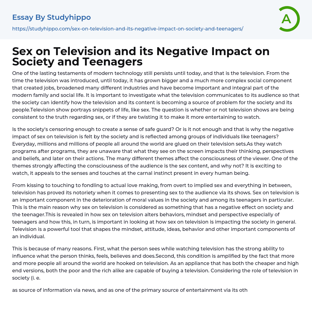 Sex on Television and its Negative Impact on Society and Teenagers Essay Example