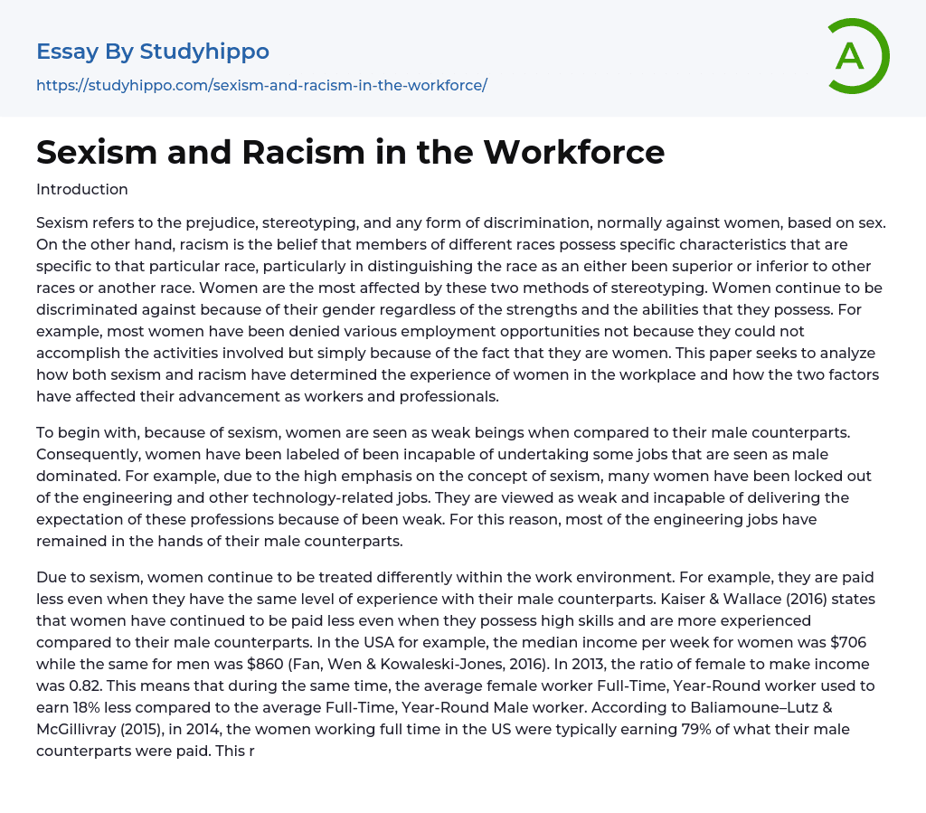 Sexism And Racism In The Workforce Essay Example StudyHippo