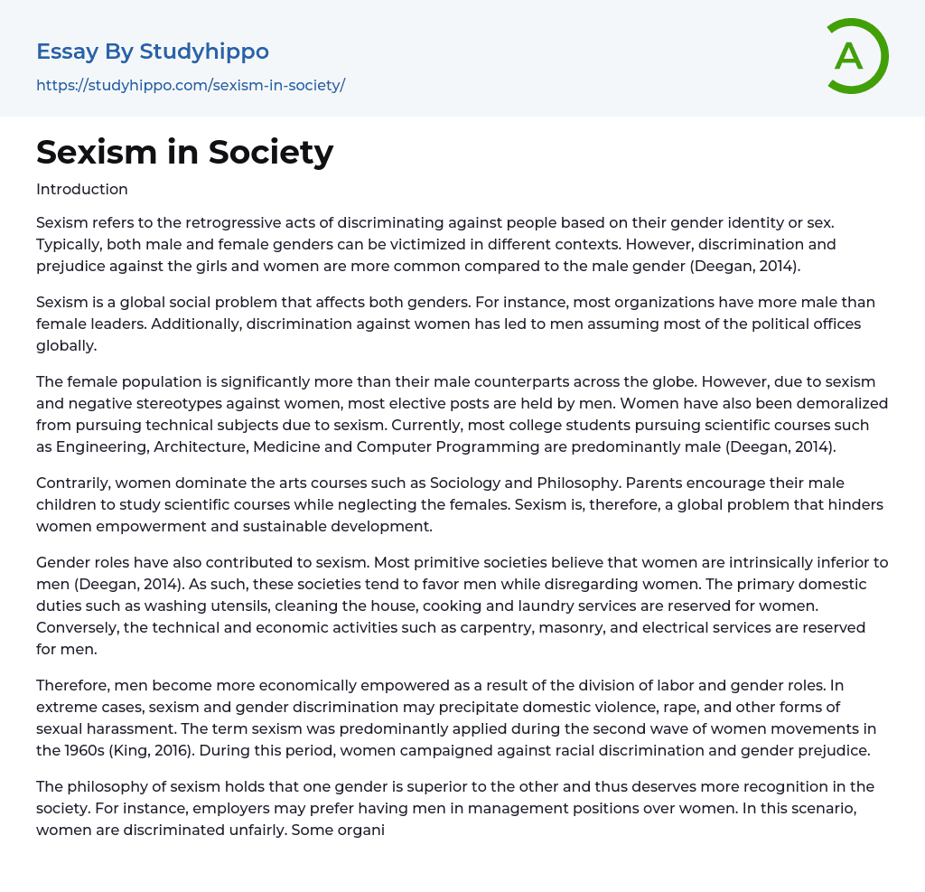 Sexism in Society Essay Example