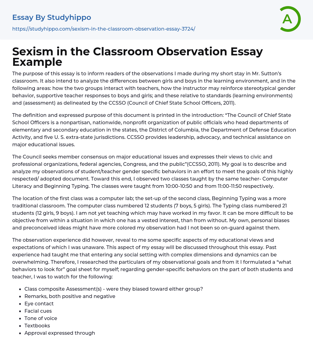 Sexism in the Classroom Observation Essay Example