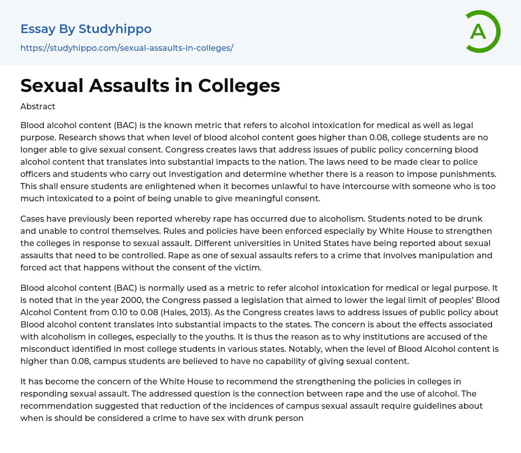 Sexual Assaults in Colleges Essay Example