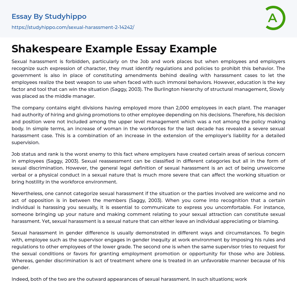 Shakespeare Example Essay Example