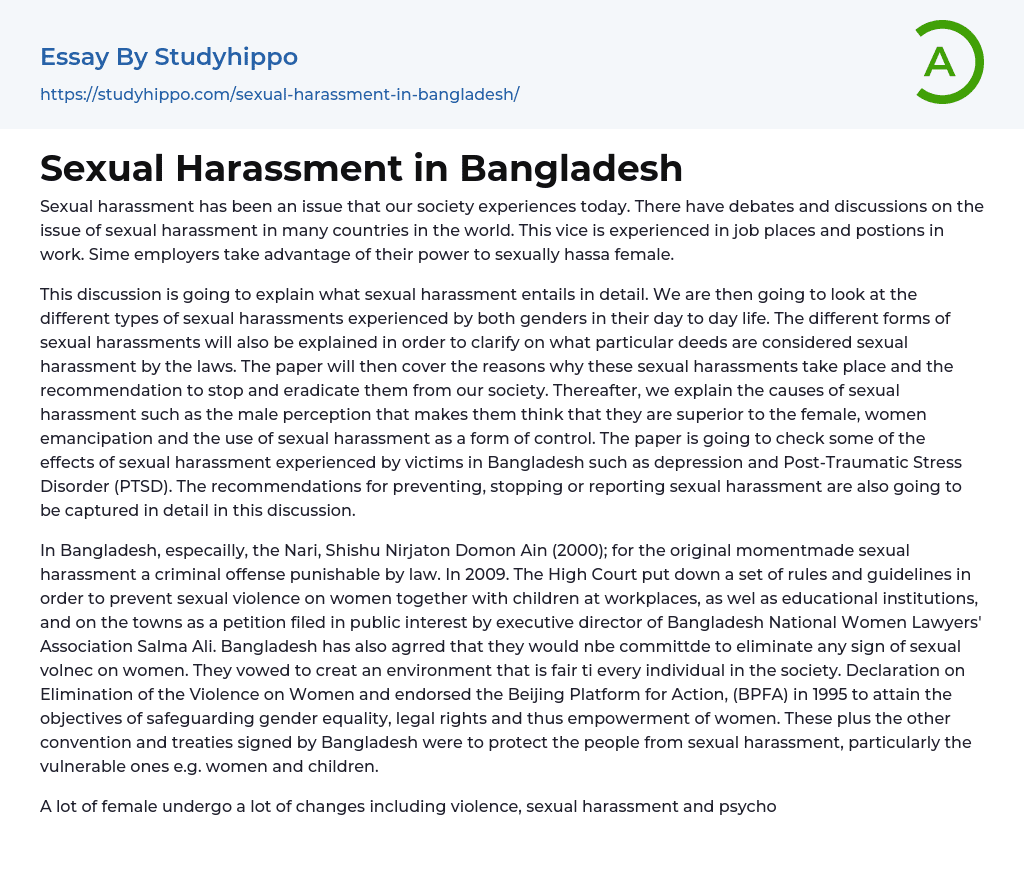 Sexual Harassment in Bangladesh Essay Example
