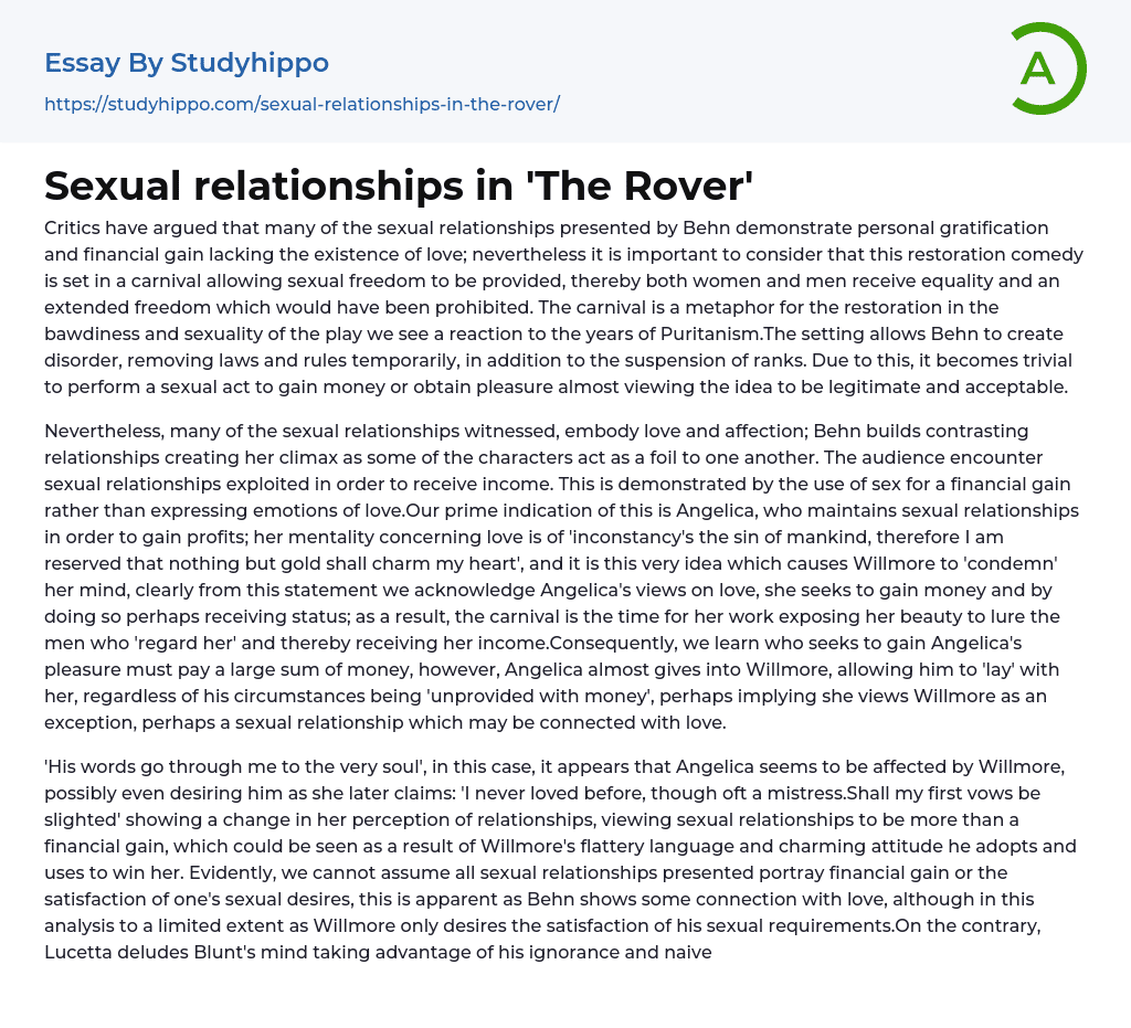 Sexual relationships in ‘The Rover’ Essay Example