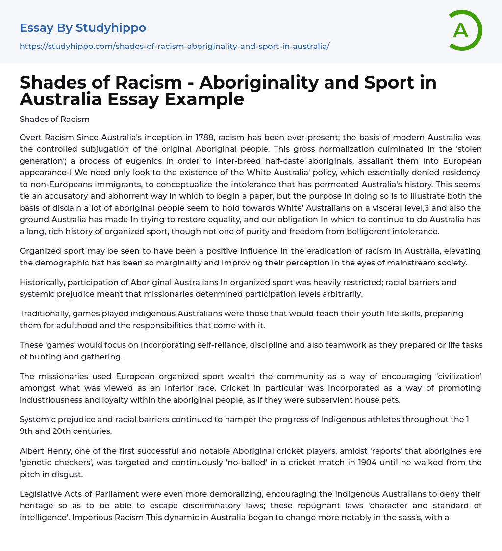 Shades of Racism – Aboriginality and Sport in Australia Essay Example