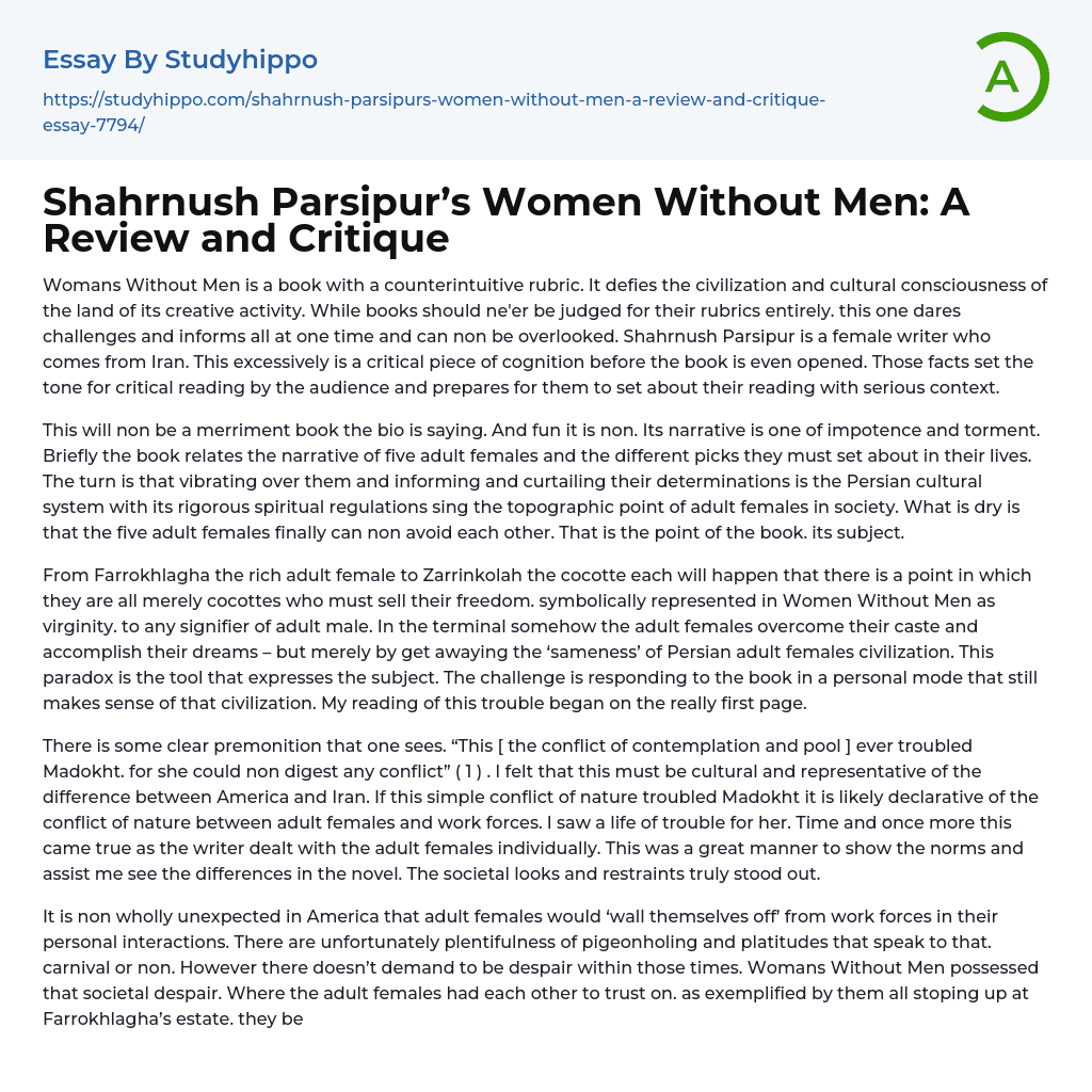 Shahrnush Parsipur’s Women Without Men: A Review and Critique Essay Example