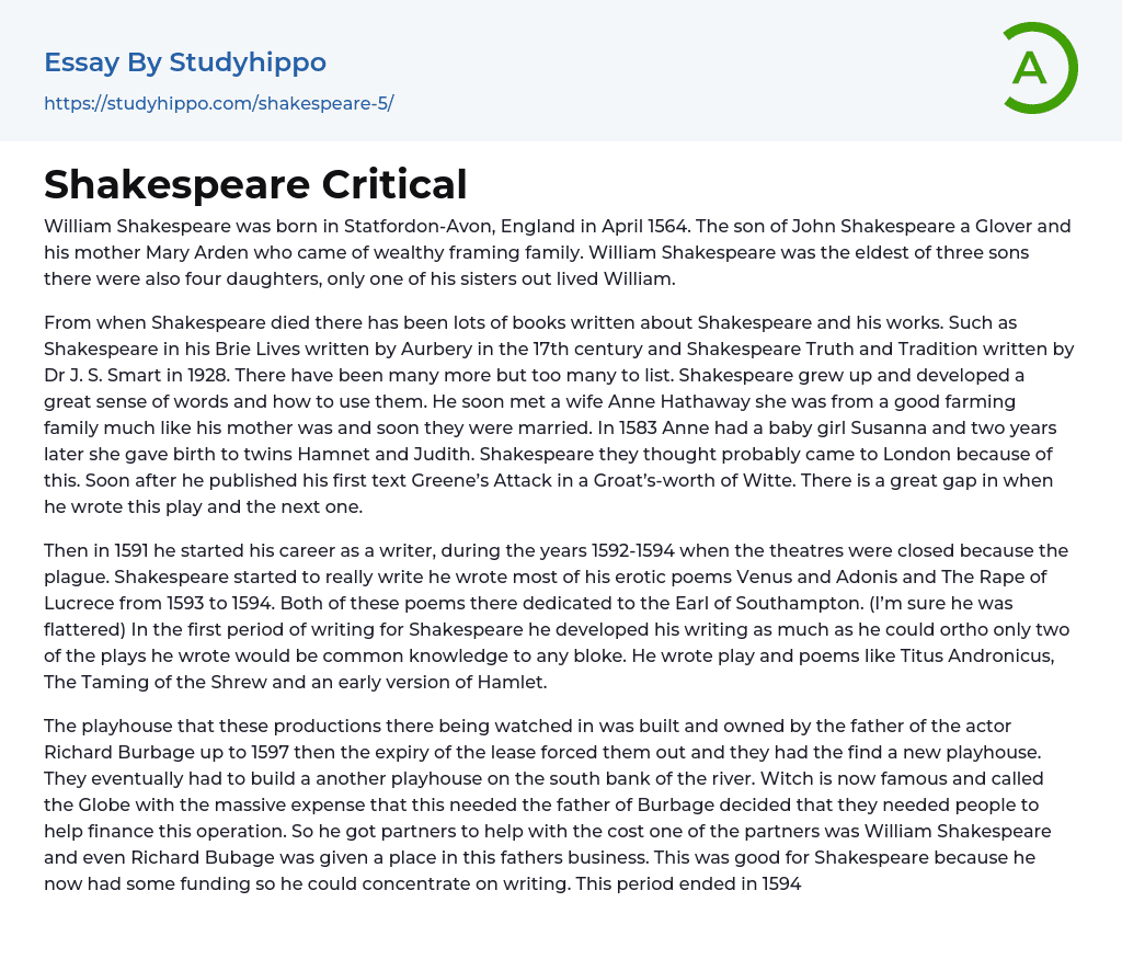 Shakespeare Critical Essay Example