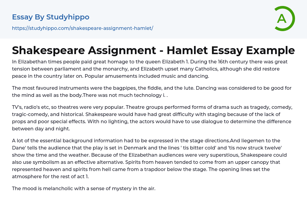 Shakespeare Assignment – Hamlet Essay Example