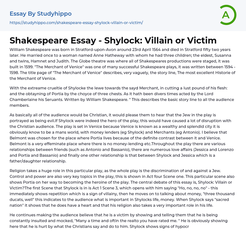 Shakespeare Essay – Shylock: Villain or Victim