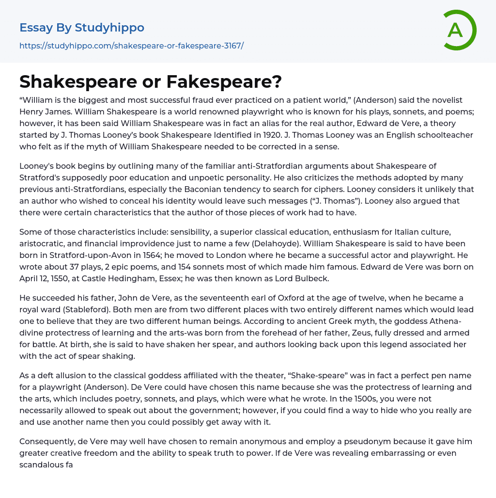 Shakespeare or Fakespeare? Essay Example