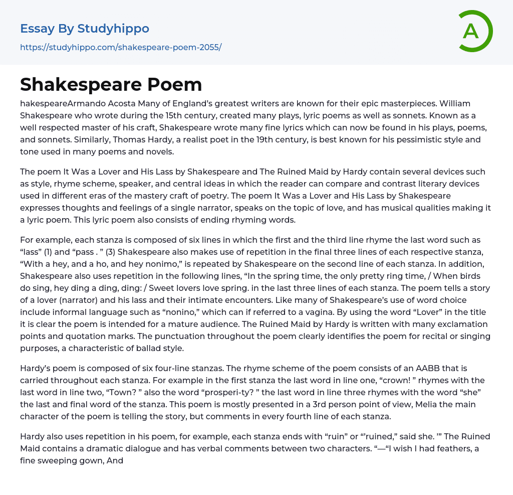 Shakespeare Poem Essay Example