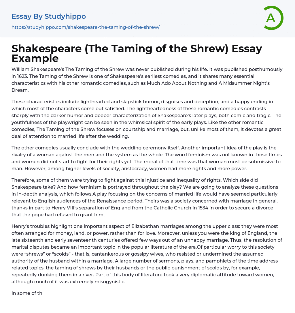 Shakespeare (The Taming of the Shrew) Essay Example